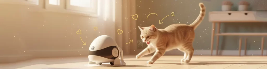 Interactive Smart Pet Robot – Keep Your Cat Entertained and Happy All Day Smart interactive pet robot engaging a playful orange tabby cat in a sunlit home.