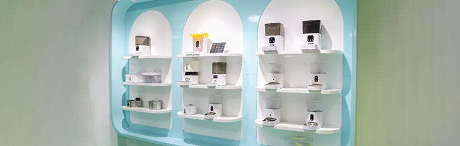 Petoking Showroom – Curating the Future of Smart Pet Care Petoking’s product showroom with smart pet feeders and accessories on display.