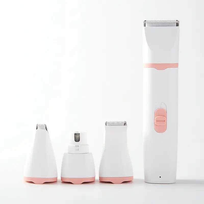 White and pink 4-in-1 pet clipper with three interchangeable heads for trimming and nail grinding.