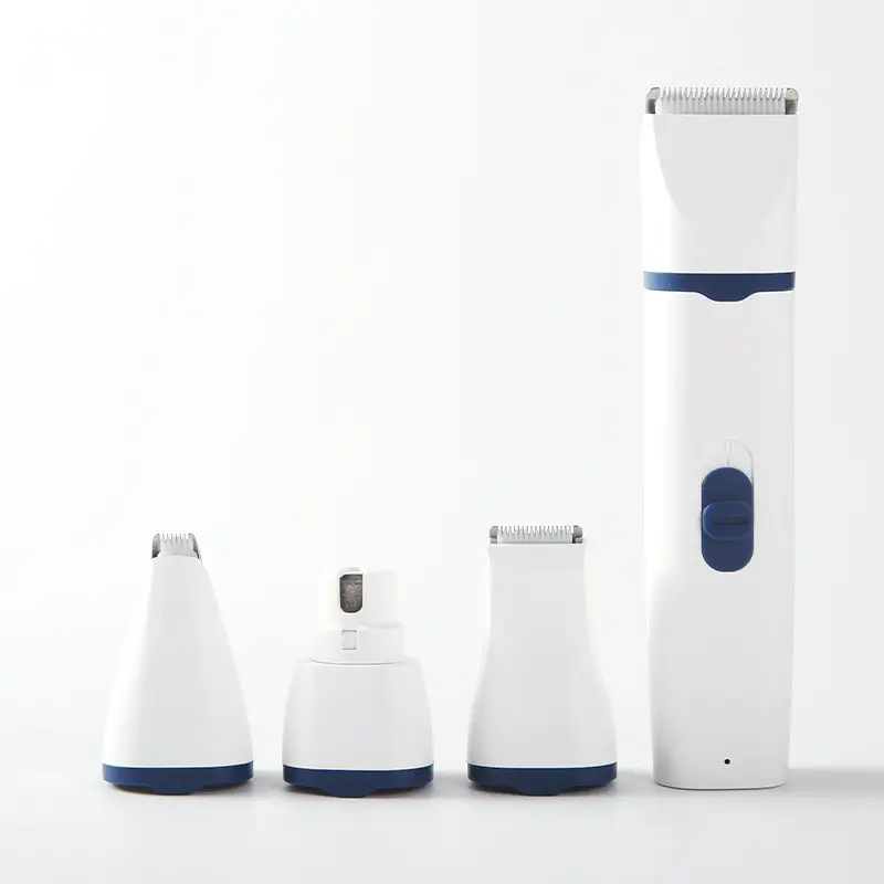 White and blue 4-in-1 pet clipper with three interchangeable heads for trimming and nail grinding.