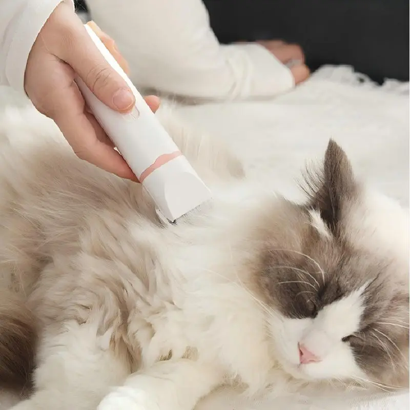 White and pink pet clipper gently grooming a relaxed Ragdoll cat’s thick fur.