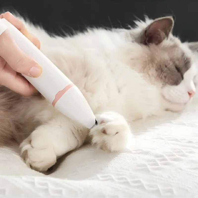 Quiet pet paw trimmer grooming a sleeping Ragdoll cat’s paw gently.