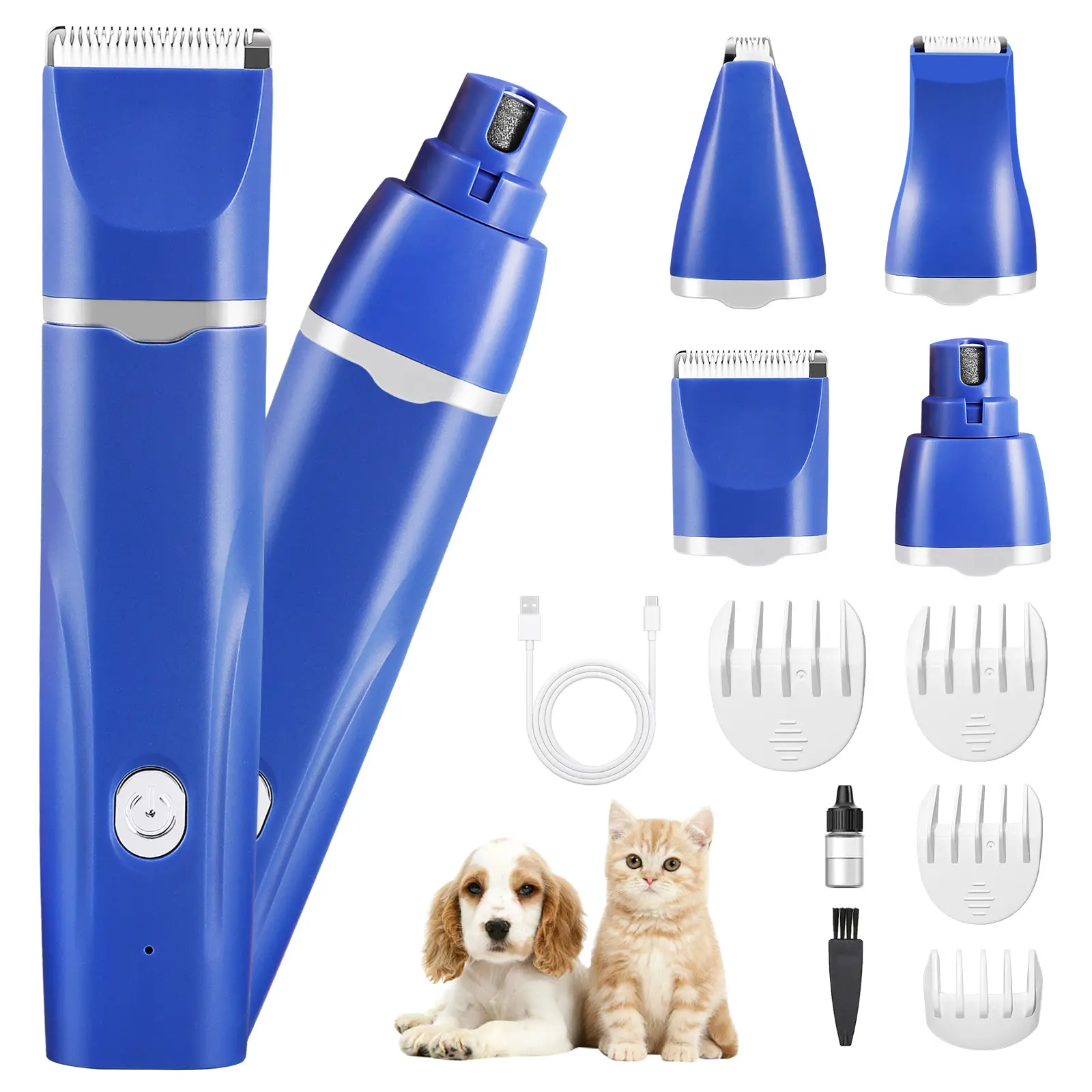 Blue 4-in-1 pet clipper set with interchangeable heads, guide combs, and USB charging cable.
