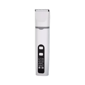 White pet electric clipper with digital LCD display and dual control buttons.