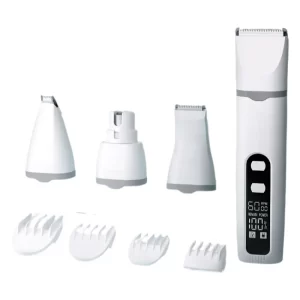 4-in-1 pet electric clipper with digital display, interchangeable heads, and guide combs.