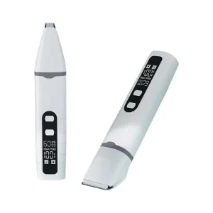 Two white pet electric clippers with digital displays, one with a precision head and one with a full-size head.