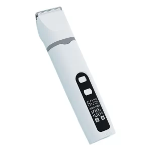 White pet electric clipper with digital LCD display and gray accent trim.
