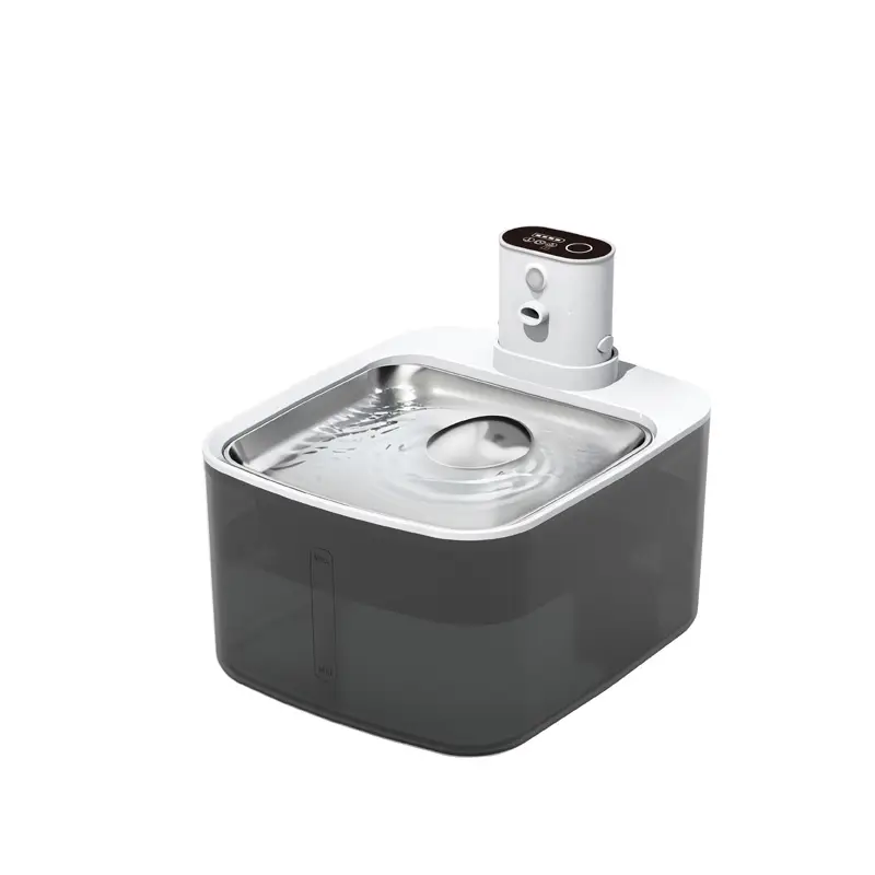 White automatic pet water fountain with stainless steel top, transparent water tank.