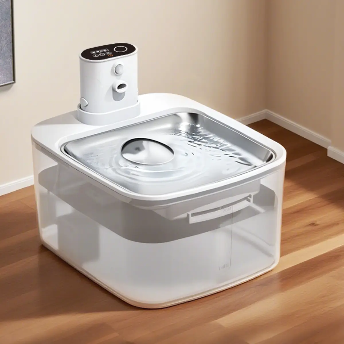 Automatic pet water fountain with stainless steel basin and smart control panel.