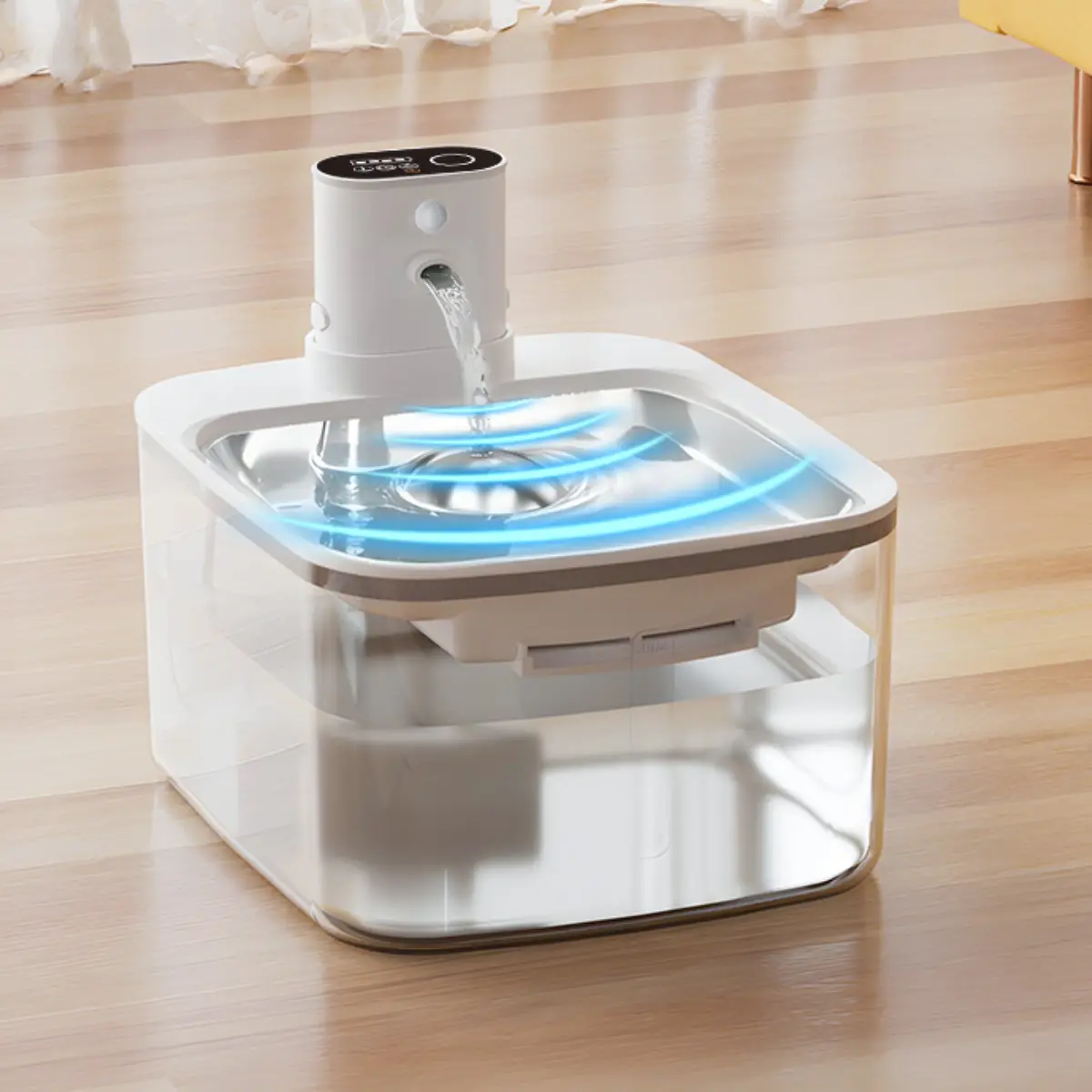 White automatic pet water fountain with LED display and circulating water.