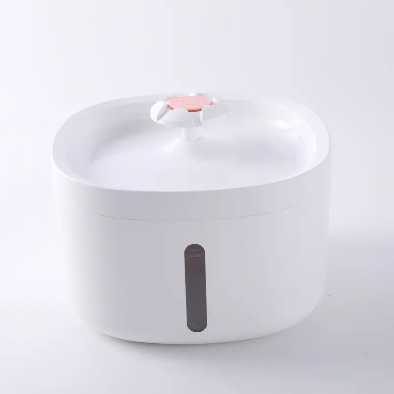 White pet water fountain with pink flower spout and transparent water level window.