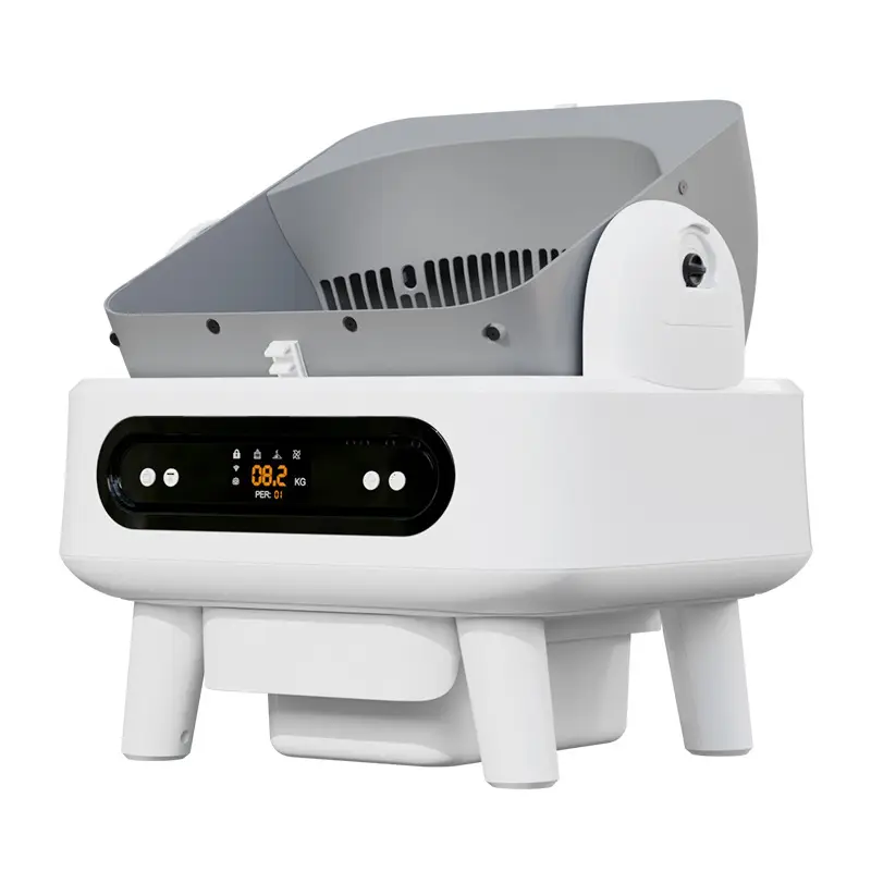 Smart Open-Top Self-Clean Cat Litter Box – Modern Pet Care Solution A modern white smart self-cleaning open-top cat litter box with a digital control panel, designed for easy pet care and hygiene