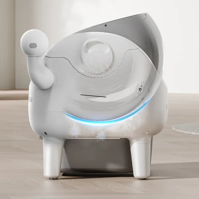 Close-up of a smart self-clean cat litter box with built-in camera, sleek modern design in a bright minimalist space