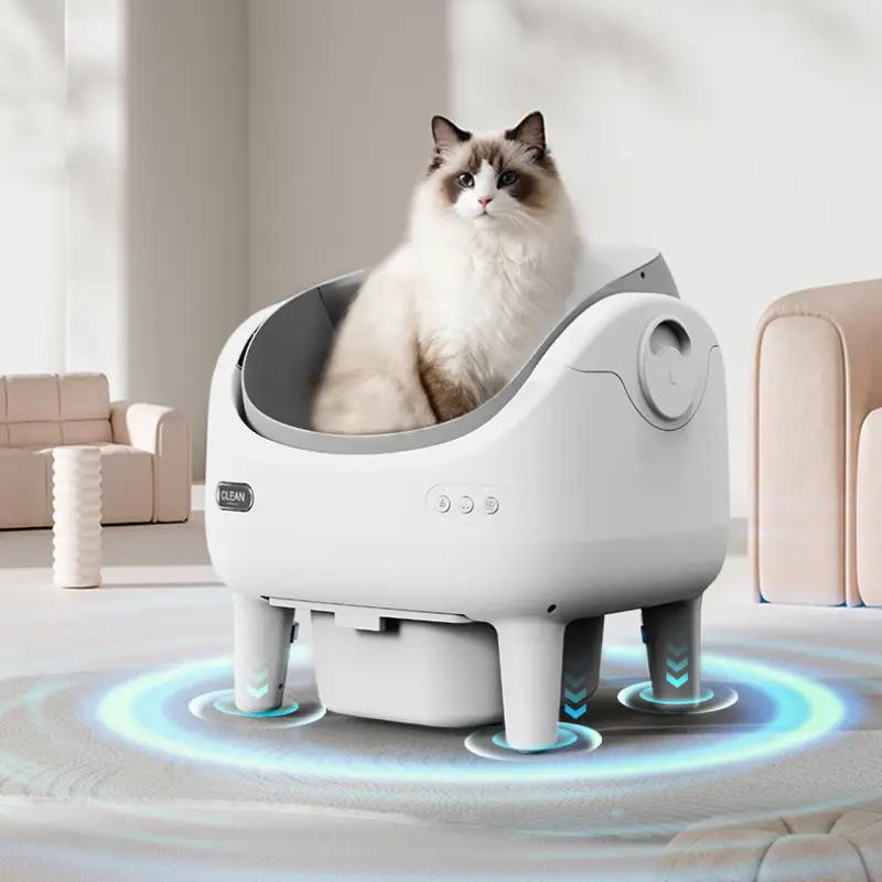A cozy Ragdoll cat rests in a smart self-clean cat litter box with smart sensor rings in a bright modern pet home interior