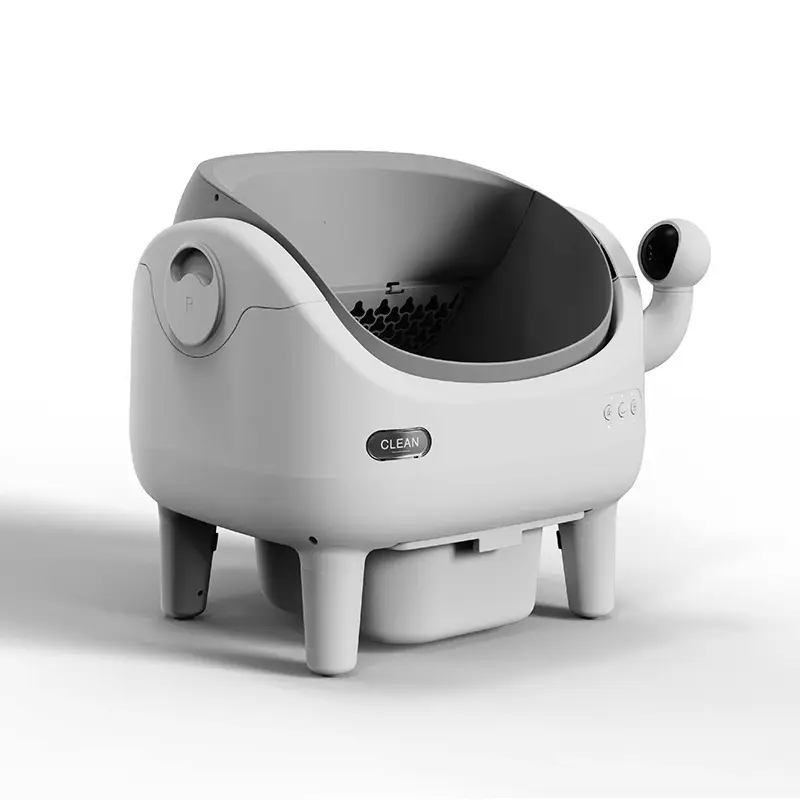 Open-style smart self-clean cat litter box with built-in camera for smart pet monitoring in modern pet homes