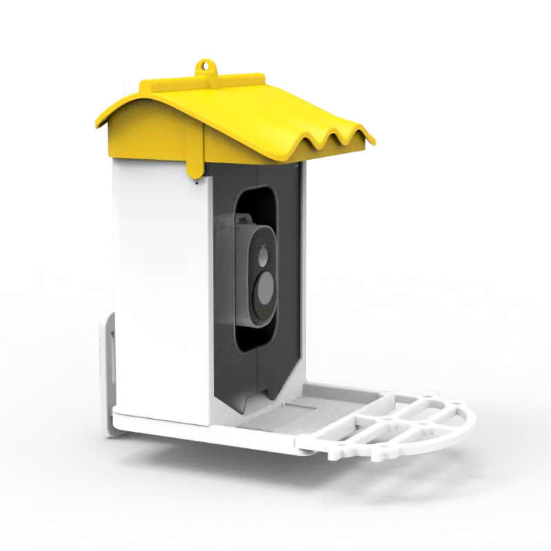 Side view of smart AI bird feeder camera with yellow roof, designed for easy outdoor mounting.