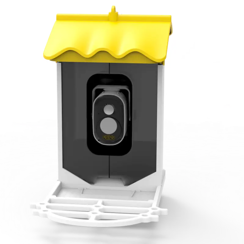 Smart AI Bird Box Camera with yellow roof, captures & identifies wild birds in real-time.