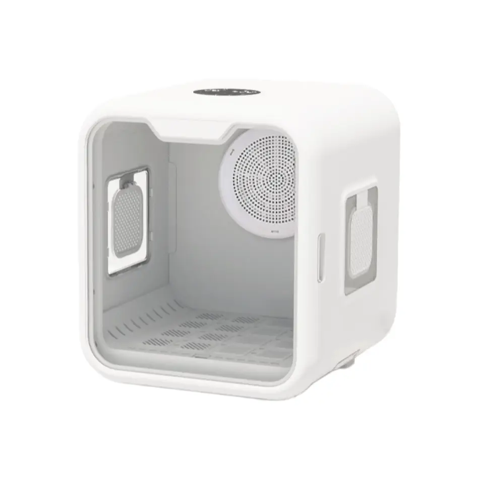 White square pet drying box with digital control panel and ventilation system.