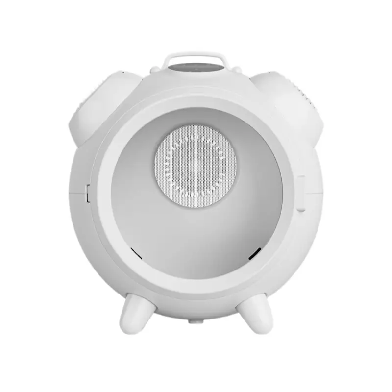 White spherical pet drying box with central air vent and dual side fans.