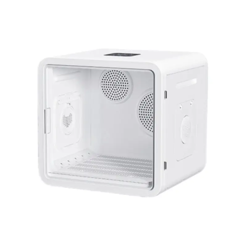 Empty white pet drying box with dual air vents and digital control panel.