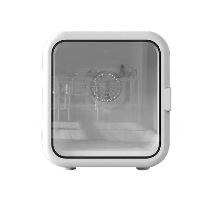 White pet drying box with transparent splash-proof cover and internal fan.