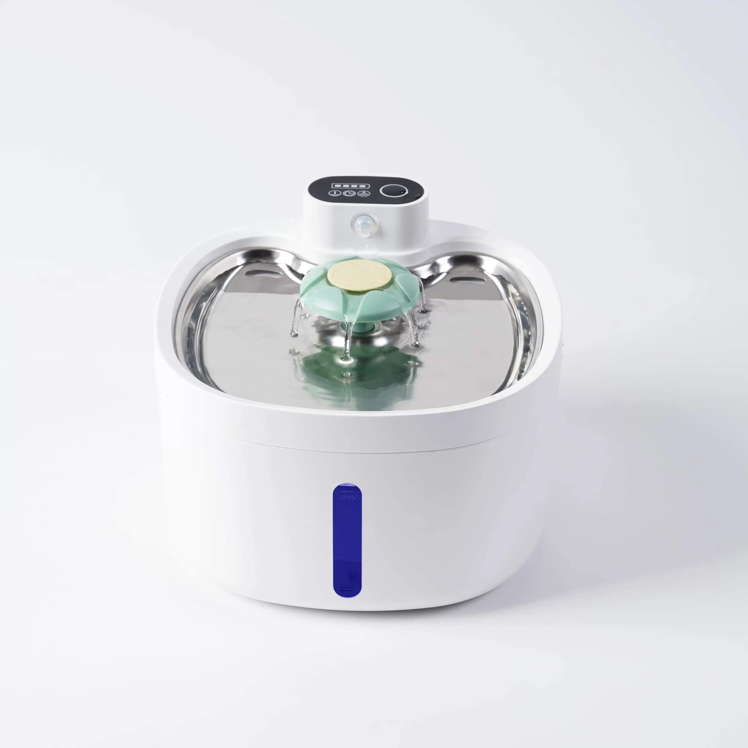 White pet water fountain with multi-stream spout, stainless steel basin, and control panel.