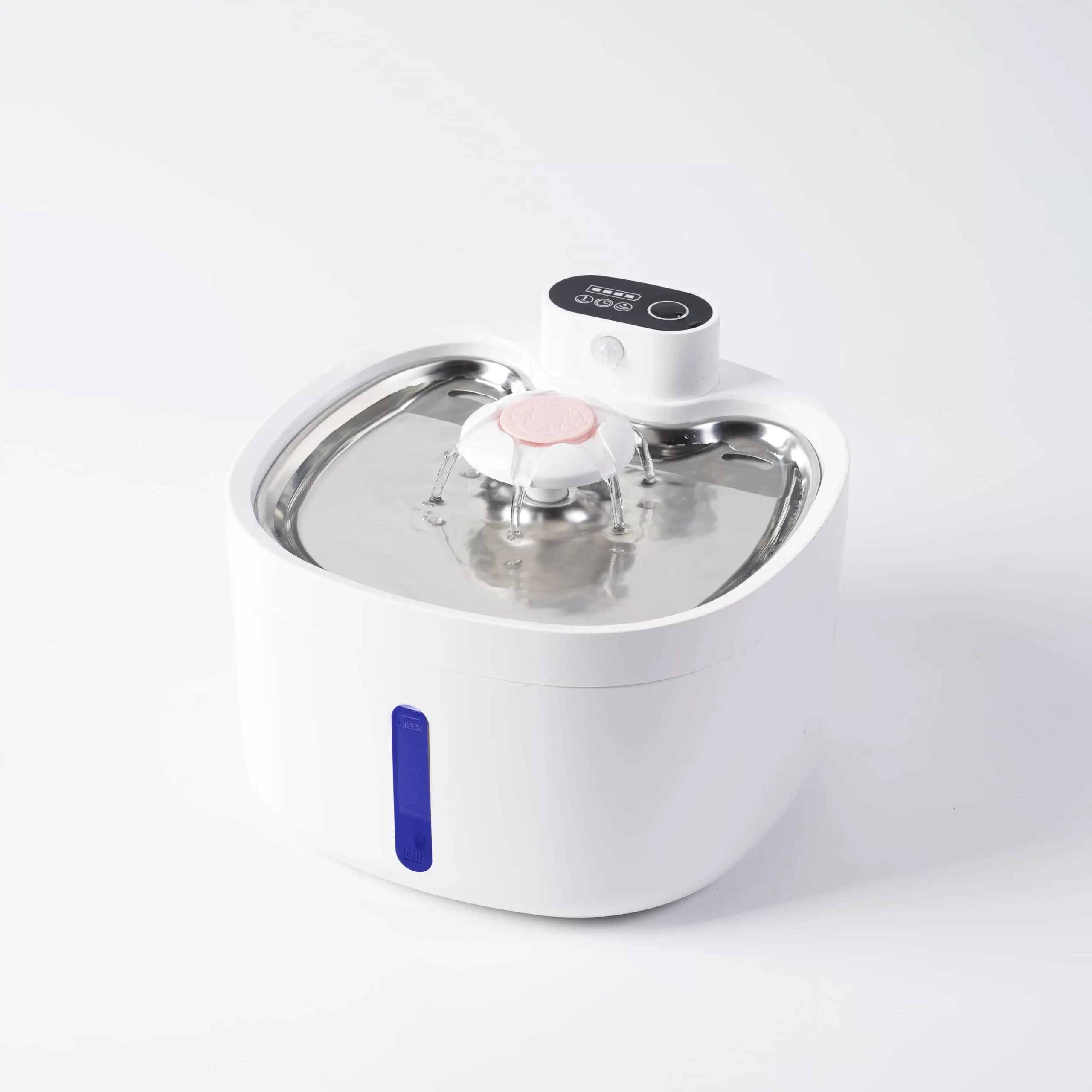 White pet water fountain with multi-stream spout, stainless steel basin, and digital control panel.