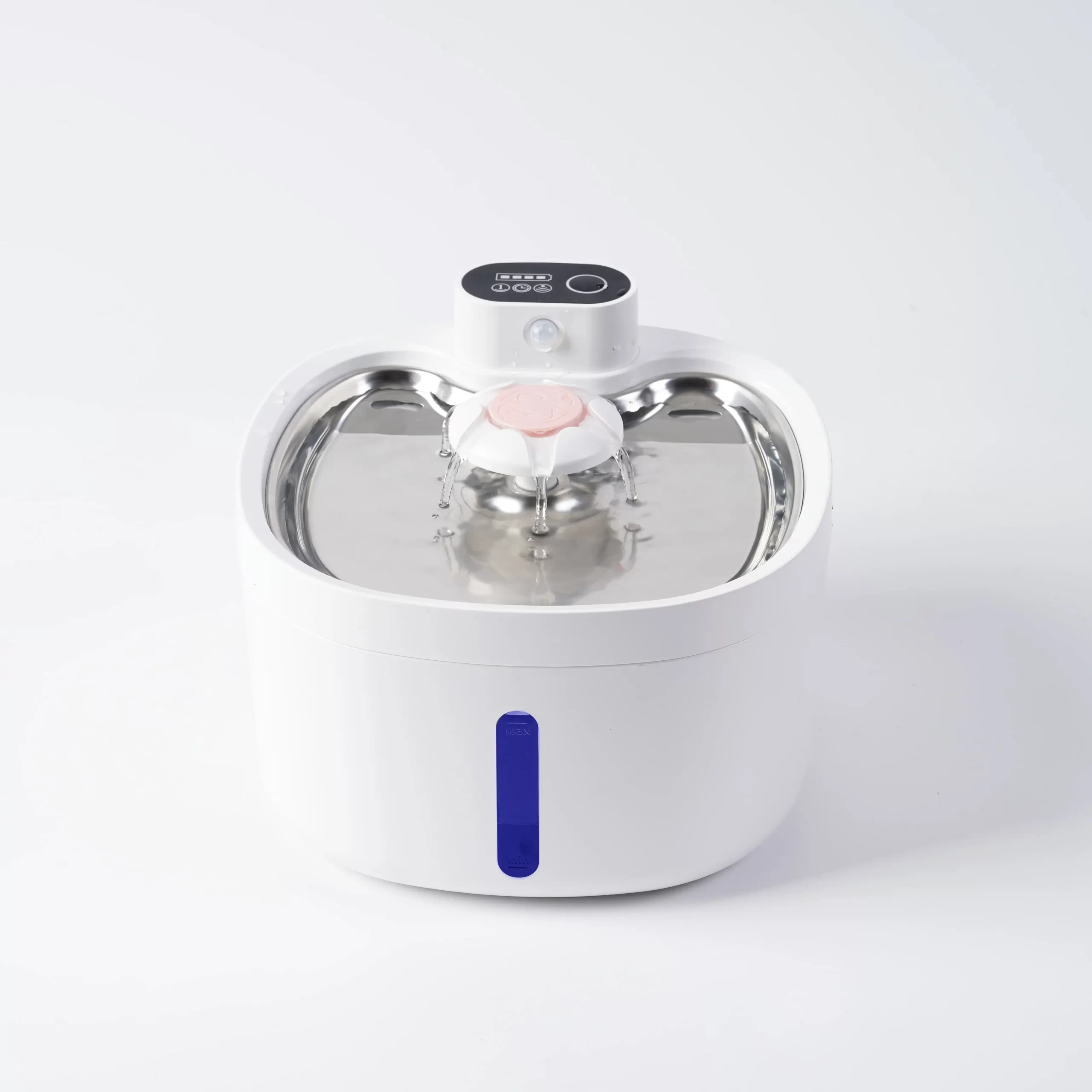 White pet water fountain with multi-stream spout, stainless steel basin, and digital control panel.