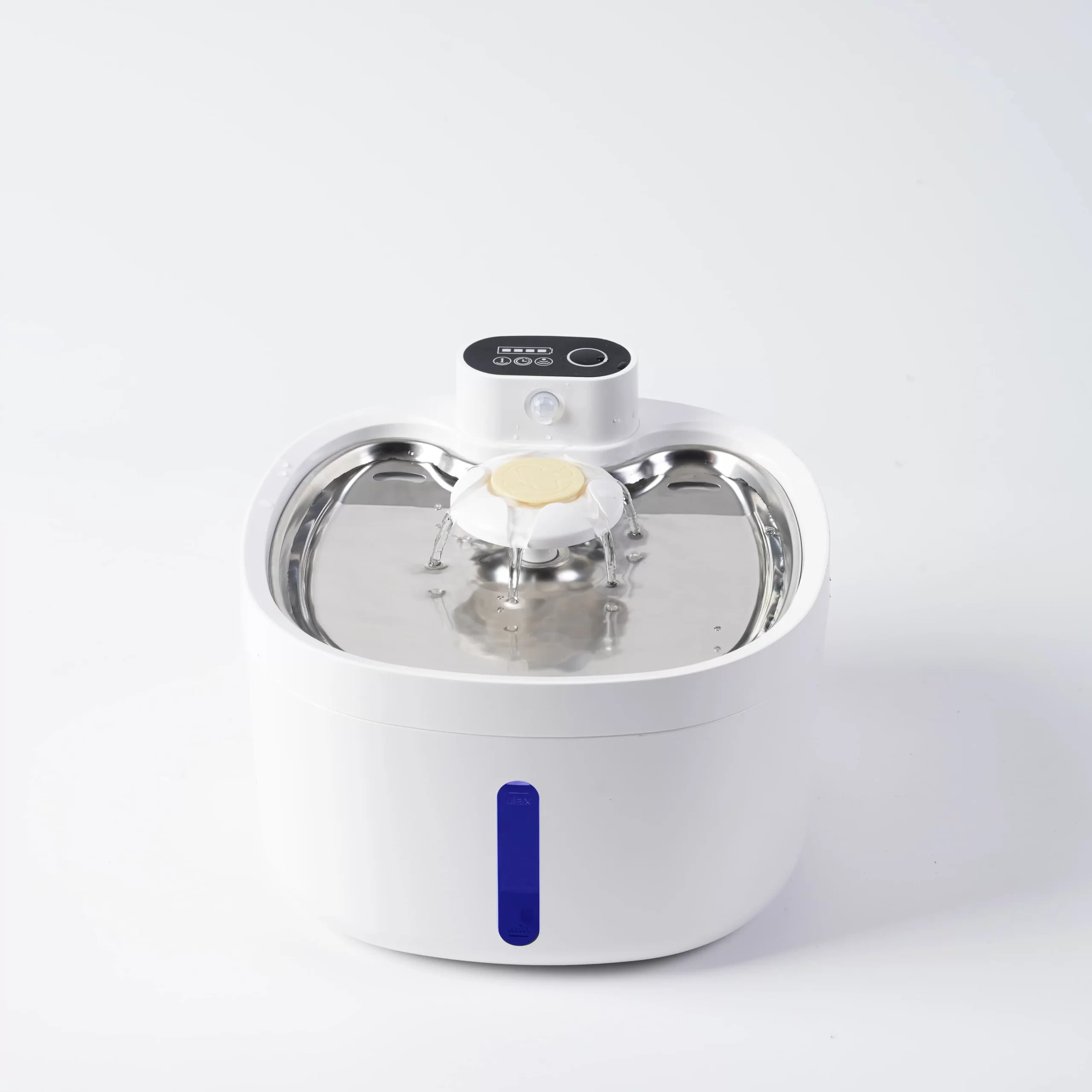 White pet water fountain with multi-stream spout, stainless steel basin, and digital control panel.