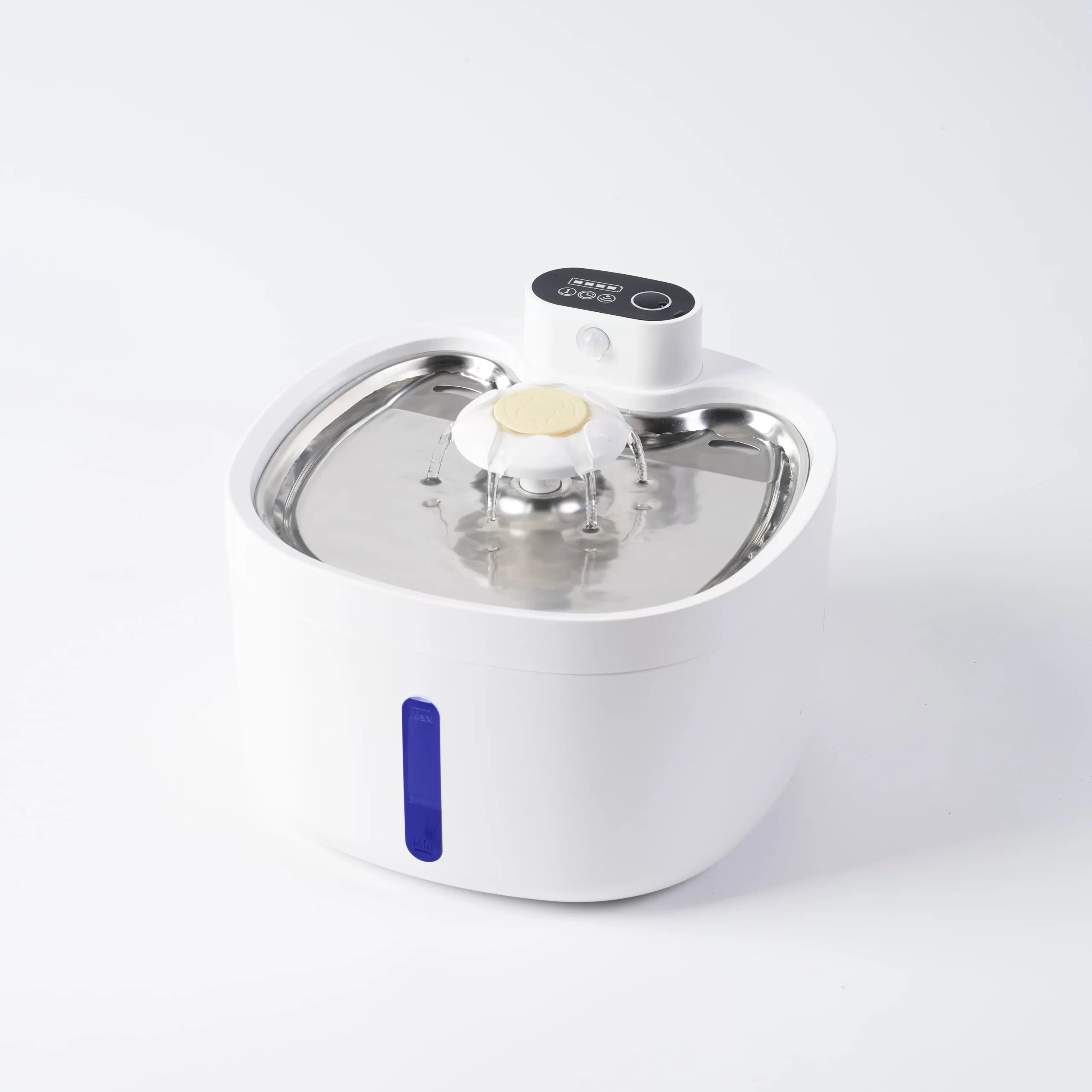 White pet water fountain with stainless steel basin, multi-stream spout, and digital control panel.
