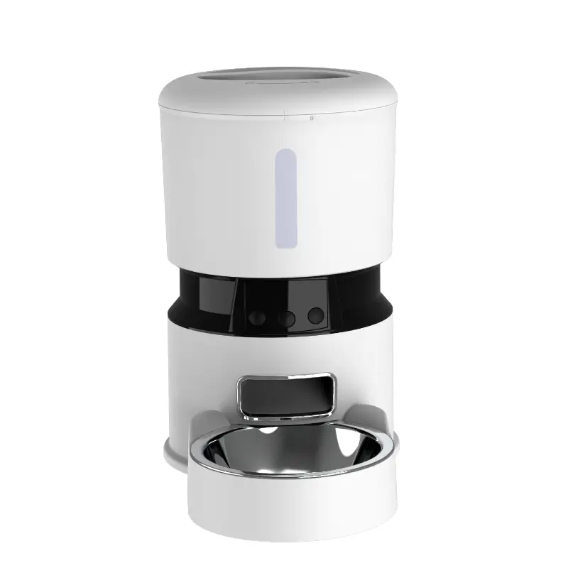 White smart feeder with food level window, control buttons, and stainless steel bowl, front view.