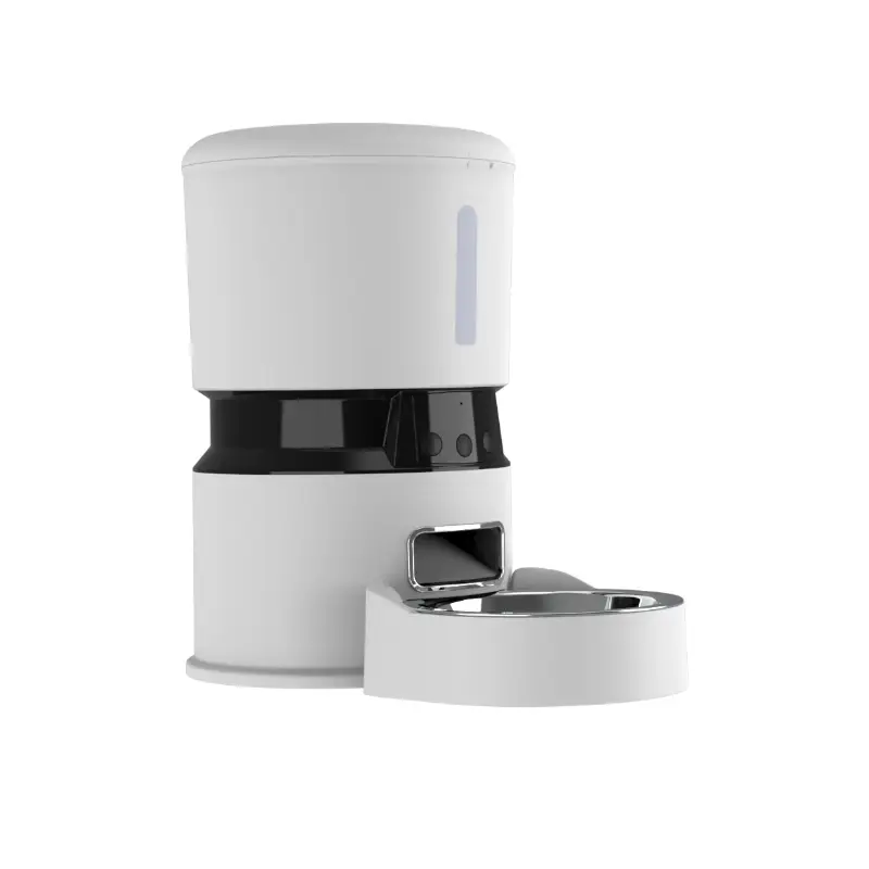 White smart feeder with black control module, food level window, and stainless steel bowl.