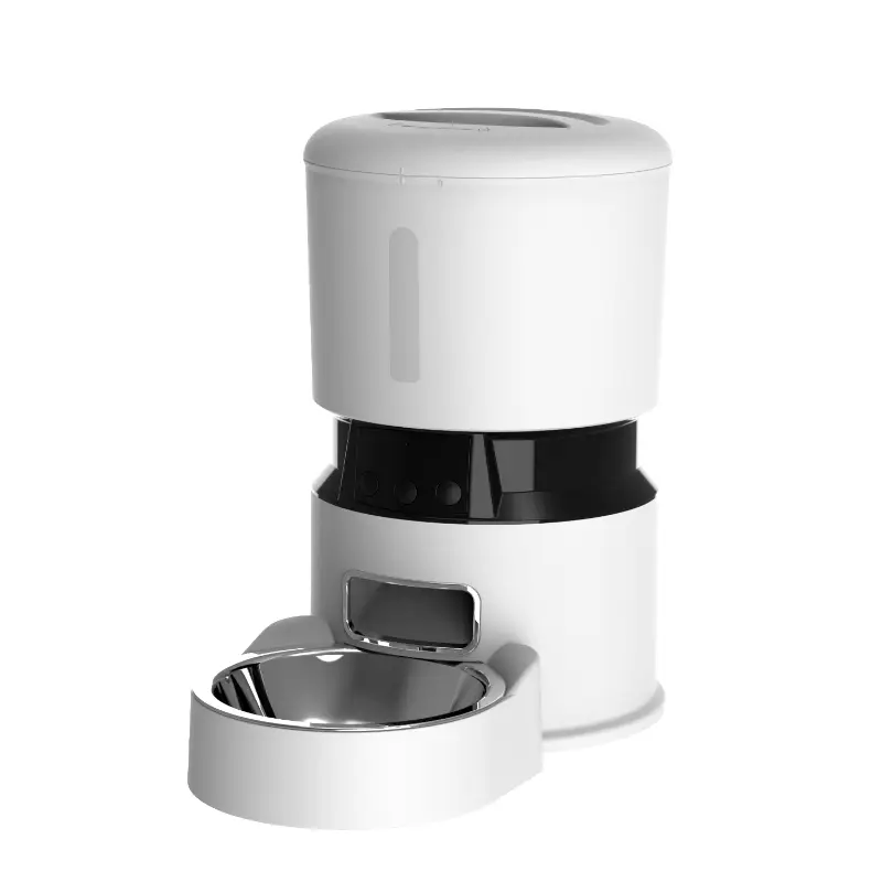 White smart feeder with black accent band, food level window, and stainless steel bowl.