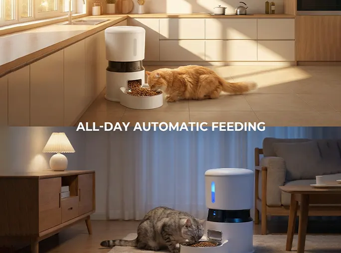 Two cats eating from smart feeders in day and night home settings.