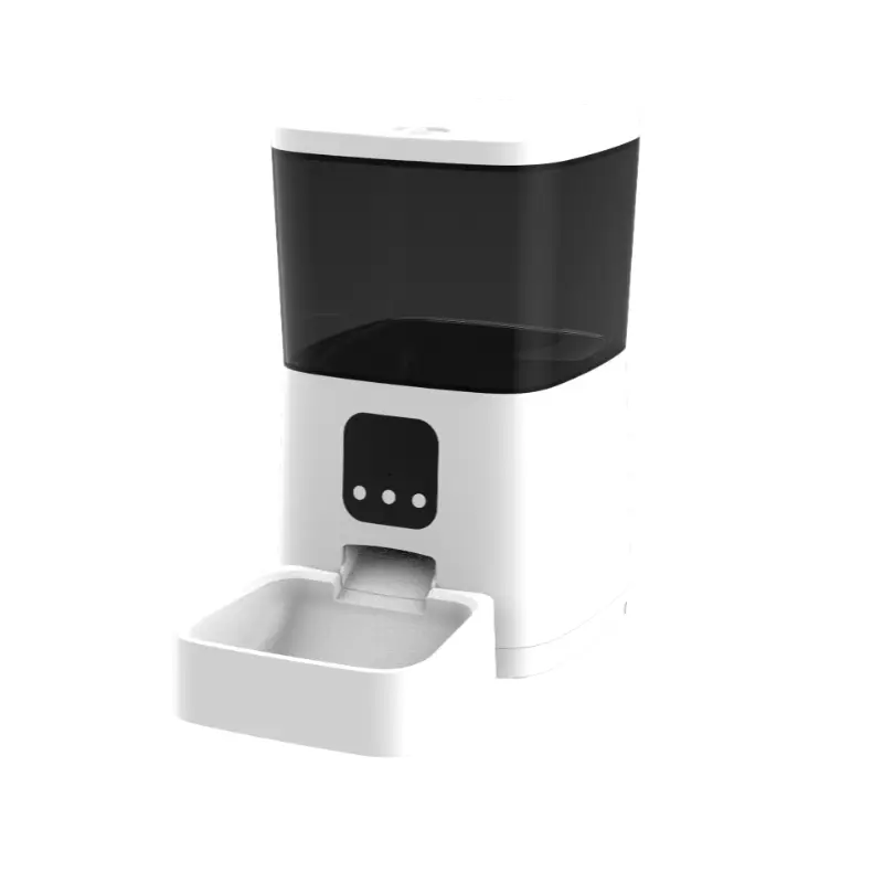 Side view of PT01 smart pet feeder with black hopper, white base, and empty food bowl.