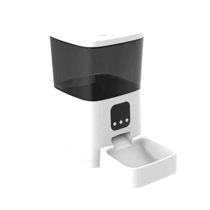 Side view of PT01 smart pet feeder with black hopper and white base design.