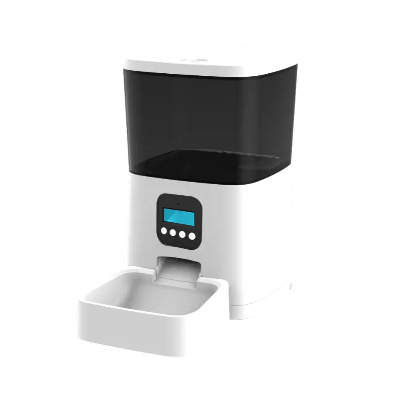 PT01 button-version smart pet feeder with LCD display and black hopper.