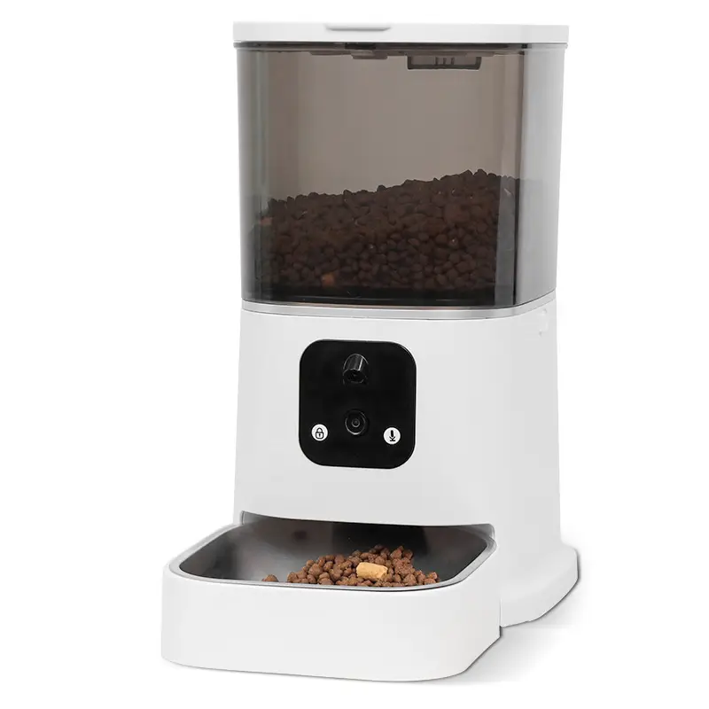 PT03 smart pet feeder with camera, kibble-filled bowl, and control panel.