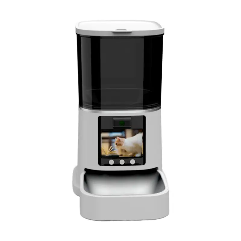 Front view of PT03S two-way video smart feeder with pet display on screen.
