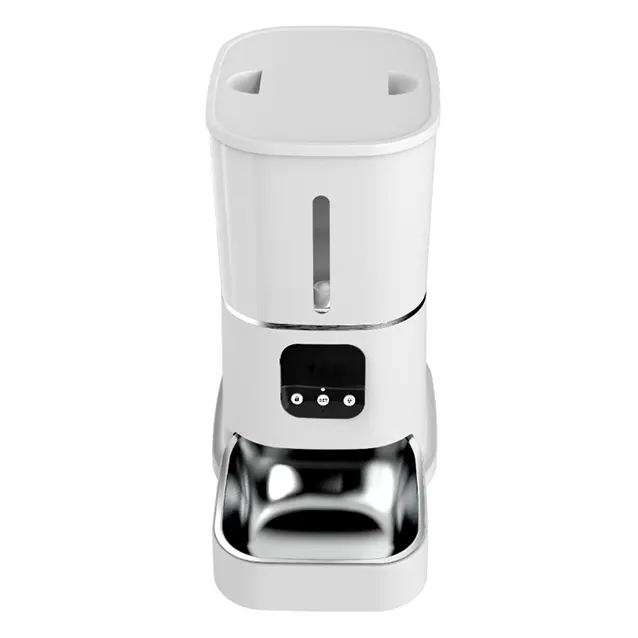 Front view of white PT05 smart pet feeder with stainless steel bowl and control panel.