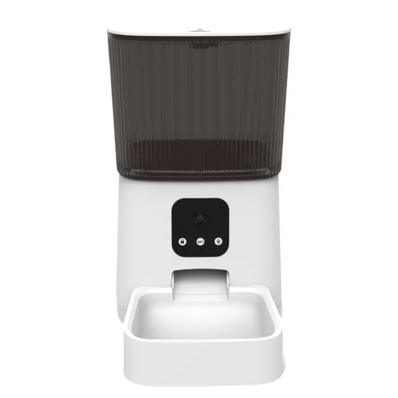 PT07 smart pet feeder with translucent brown hopper, white base, and intuitive control panel.