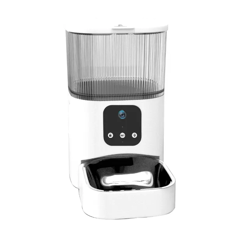 White smart feeder with camera, control buttons, and stainless steel bowl.