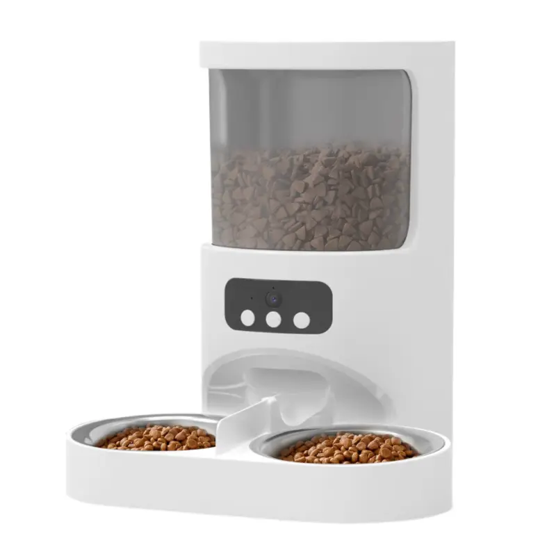 White dual-bowl smart feeder with camera, control buttons, and food-filled stainless steel bowls.