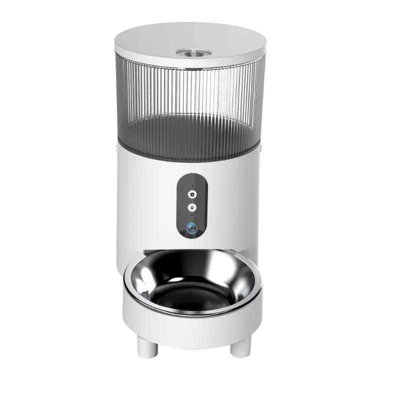 White smart feeder with ribbed hopper, camera, control buttons, elevated legs, and stainless steel bowl.