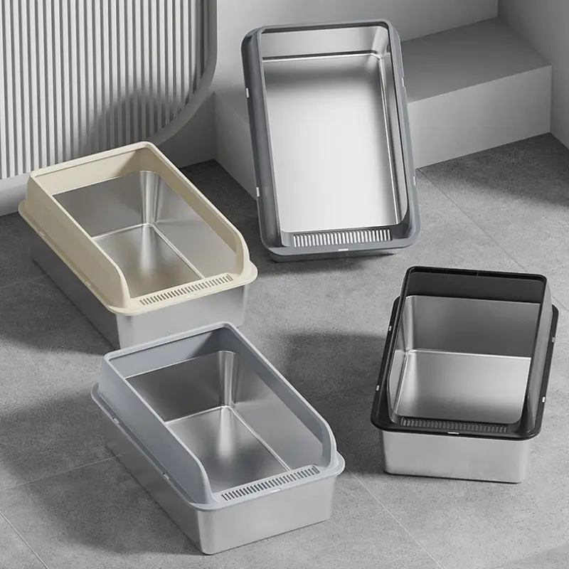 Open stainless steel cat litter boxes in four modern color finishes for home decor versatility.