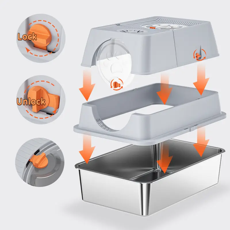 Stainless Steel Cat Litter Box – Easy-Clean & Lockable Design Stainless steel cat litter box with detachable design, easy-lock mechanism & easy-clean structure for cat parents.