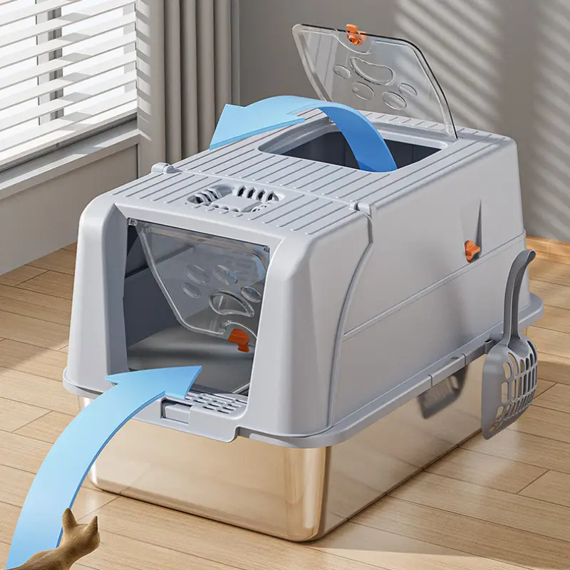 Stainless steel cat litter box with splash-proof design, easy to clean & hygienic for cat care