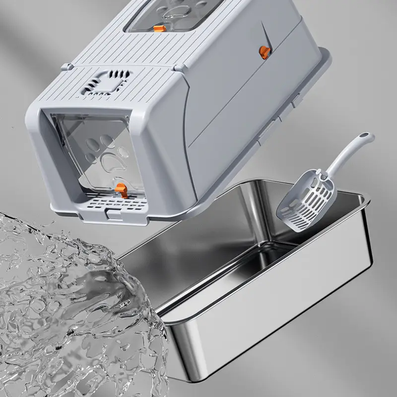 Durable stainless steel cat litter box with included scoop, leak-proof & easy-clean, hygienic pet care solution