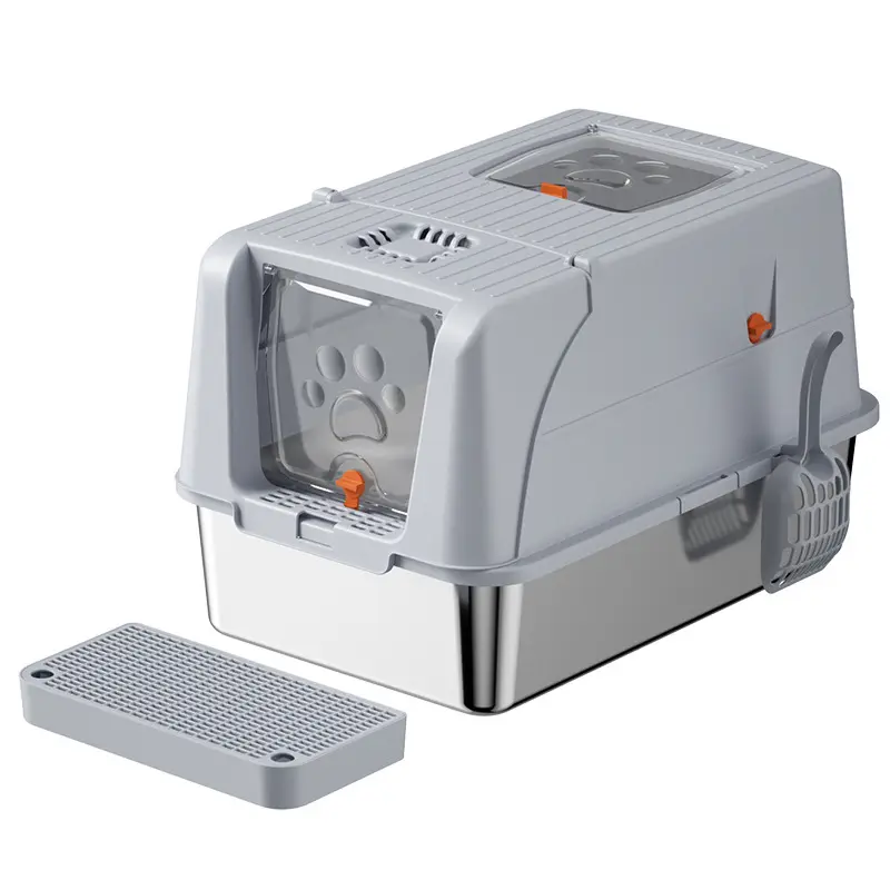 Durable stainless steel cat litter box with enclosed design, easy-clean & odor-resistant, hygienic pet care solution