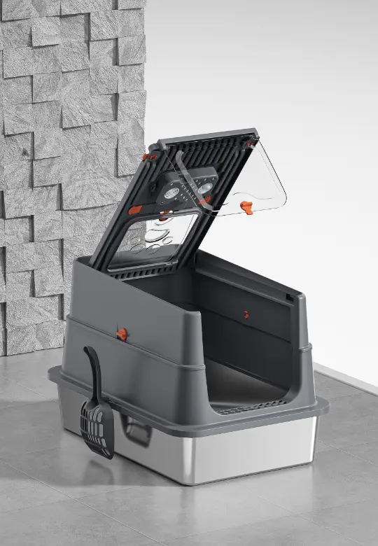 Stainless steel cat litter box with flip-top lid, easy access & quick cleaning, odor-resistant for pet hygiene.